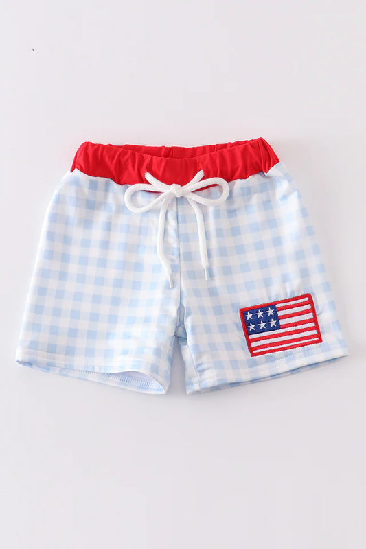 Abby & Evie Plaid Flag Swim Trunks