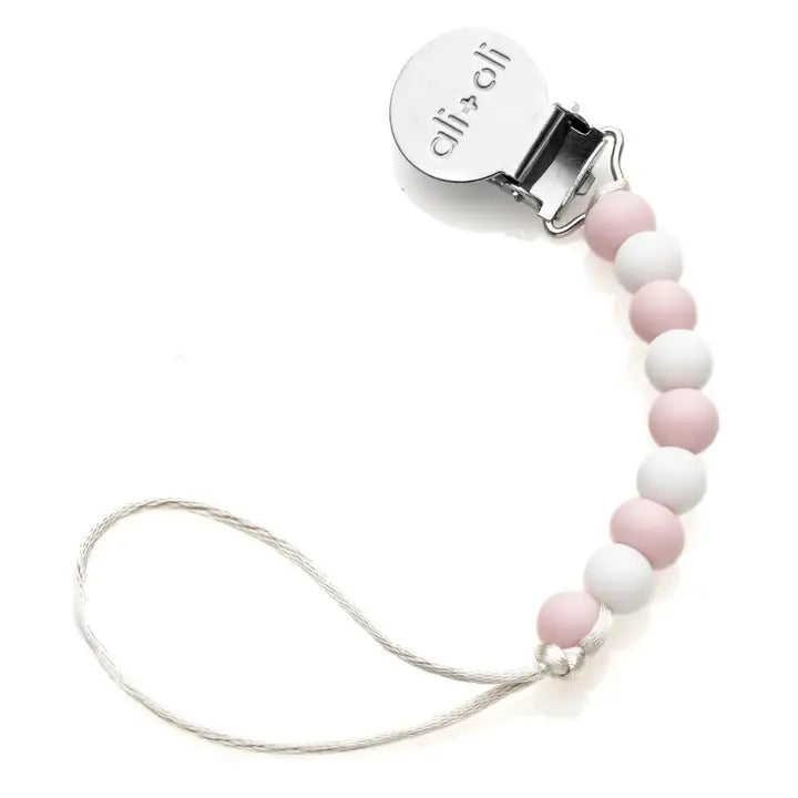 Ali+Oli Pacifier Clip Pink & White