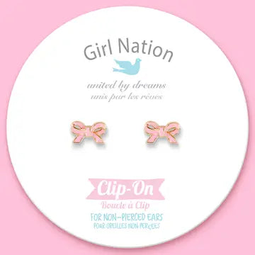 Girl Nation Clip On Pink Bow Earrings