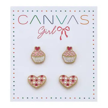 Canvas Style Cupcake & Gingham Heart Earrings