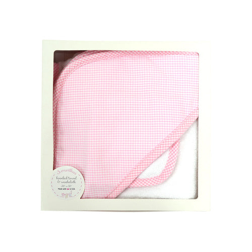 3 Marthas Small Pink Check Hooded Towel & Washcloth Set